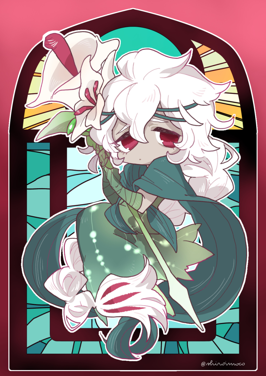 1girl braid cape closed_mouth cookie_run cookie_run:_kingdom dress flower green_dress hair_flower hair_ornament highres holding humanization long_hair looking_at_viewer red_eyes shiro_(tiotolv) simple_background solo very_long_hair white_background white_flower white_hair white_lily white_lily_cookie