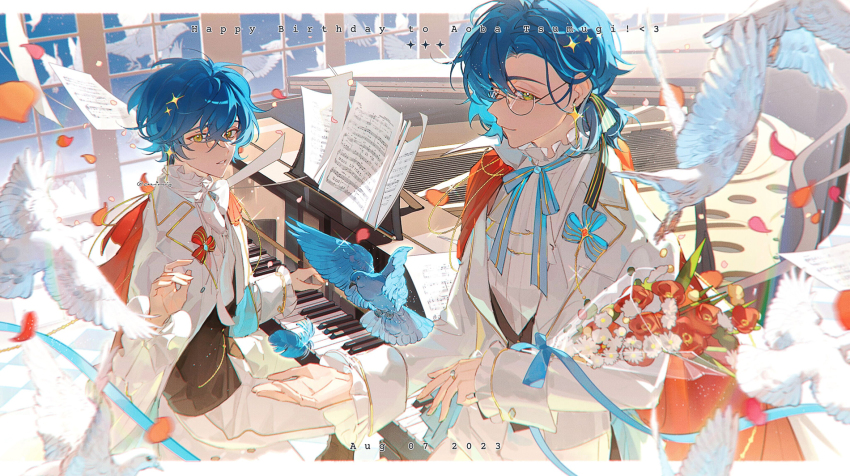 2boys alternate_costume aoba_tsumugi bird black_vest blue_bird blue_hair blue_ribbon bouquet character_name closed_mouth collar commentary crim0x0 dated dove earrings english_text ensemble_stars! falling_petals flower formal_clothes frilled_collar frills glasses hair_between_eyes happy_birthday high_collar highres holding holding_bouquet instrument jewelry long_sleeves looking_at_viewer low_ponytail medium_hair multiple_boys multiple_views music parted_bangs parted_lips petals piano playing_instrument playing_piano ponytail red_flower ribbon round_eyewear semi-rimless_eyewear sheet_music smile suit symbol-only_commentary vest white_bird white_flower white_suit window yellow_eyes
