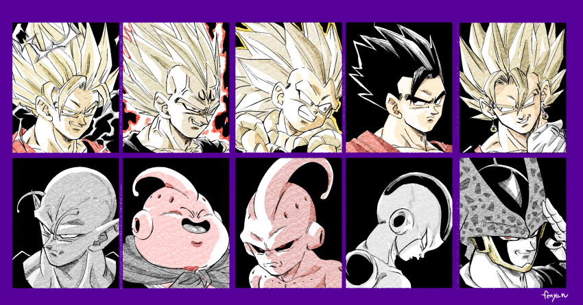 6+boys antenna_hair black_background black_bodysuit black_eyes black_hair black_sclera black_shirt black_vest blonde_hair bodysuit border cell_(dragon_ball) close-up colored_sclera colored_skin dougi dragon_ball dragon_ball_z:_hyper_dimension dragonball_z earrings fenyon frieza gotenks highres jewelry kid_buu limited_palette long_hair majin_buu majin_vegeta male_focus medium_hair multiple_boys orange_shirt piccolo pink_skin pointy_ears potara_earrings potential_unleashed purple_border red_eyes salute shirt son_gohan son_goku spiked_hair super_saiyan super_saiyan_1 super_saiyan_2 super_saiyan_3 two-finger_salute vegeta vest