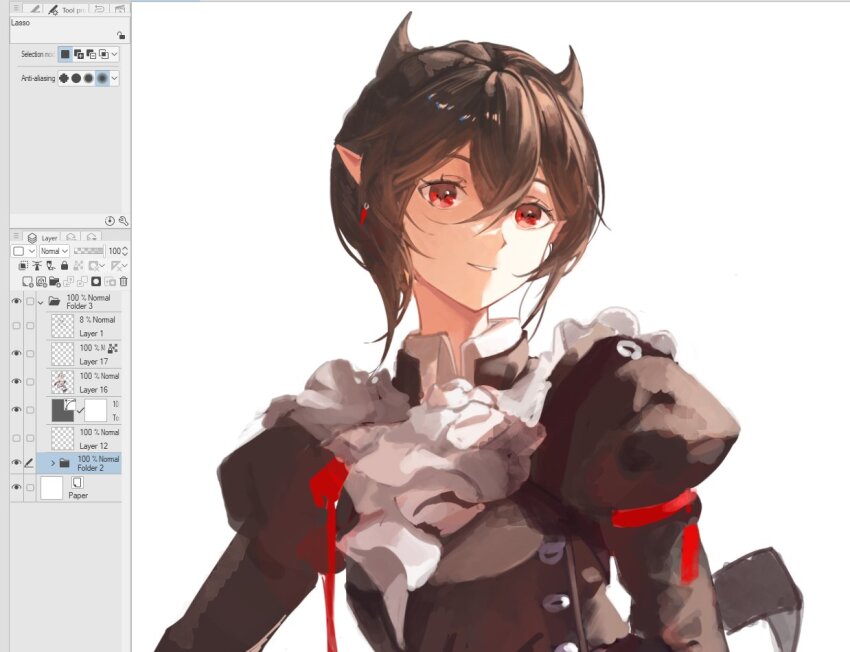 1girl arknights art_program_in_frame ascot black_hair black_shirt commentary earrings english_commentary entelechia_(arknights) hair_between_eyes hair_horns jewelry juliet_sleeves long_sleeves looking_at_viewer pointy_ears puffy_sleeves red_eyes shirt short_hair smile solo unfinished upper_body white_ascot yonjuri