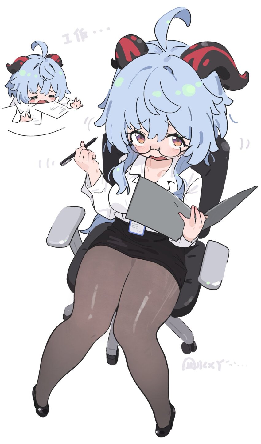 1girl ahoge alternate_costume bags_under_eyes black_pantyhose black_shoes black_skirt breasts brown_eyes chair chibi closed_eyes collarbone exhausted folder ganyu_(genshin_impact) genshin_impact glasses highres holding holding_folder holding_pen horns large_breasts long_hair looking_at_viewer office_chair office_lady on_chair open_mouth pantyhose pen pencil_skirt semi-rimless_eyewear shirt shoes sidelocks simple_background single_horn sitting skirt swivel_chair twitter_username white_background white_shirt zhishuixy