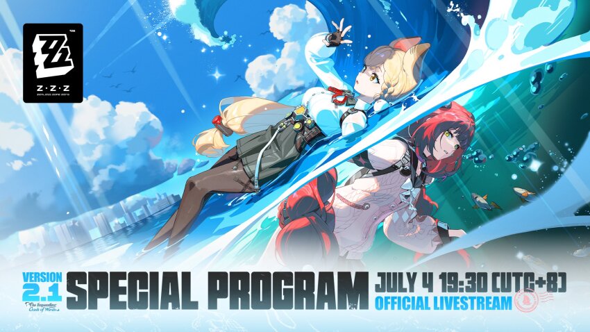 1girl alice_thymefield animal_ears black_skirt blonde_hair breasts cardigan fingerless_gloves gloves green_eyes heterochromia highres in_water long_hair medium_breasts official_art orange_eyes pantyhose pink_cardigan red_hair shirt skirt sphere_hair_ornament ukinami_yuzuha underwater waving white_shirt yellow_eyes zenless_zone_zero