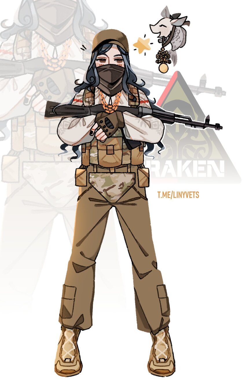 1girl ak-74m ammunition_pouch animal artist_name assault_rifle baseball_cap black_nails blue_hair blush bulletproof_vest camouflage covered_mouth fingerless_gloves full_body gloves gun hat highres holding holding_gun holding_weapon jacket jewelry kalashnikov_rifle kraken_(japanon) kraken_regiment linyvets_chan long_hair long_sleeves looking_at_viewer mask military military_combat_uniform military_uniform necklace original pouch rifle russo-ukrainian_war schweinokaras simple_background spoken_star star_(symbol) ukraine ukrainian_clothes ukrainian_commentary vyshyvanka weapon woodland_camouflage