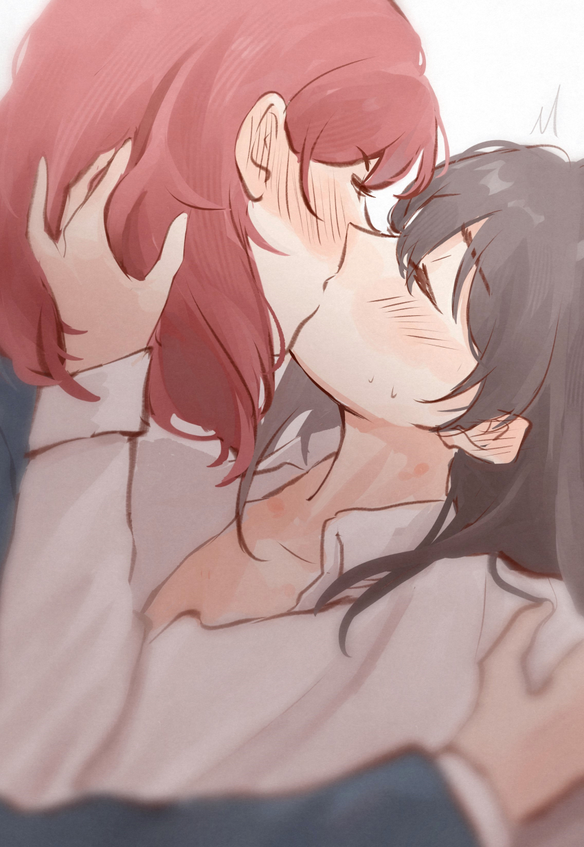 2girls absurdres black_hair blue_jacket blush closed_eyes commentary_request ear_blush hand_in_another&#039;s_hair hickey highres jacket kiss long_hair long_sleeves love_live! medium_hair multiple_girls nishikino_maki open_clothes open_shirt red_hair risai shirt simple_background white_background white_shirt yazawa_nico yuri