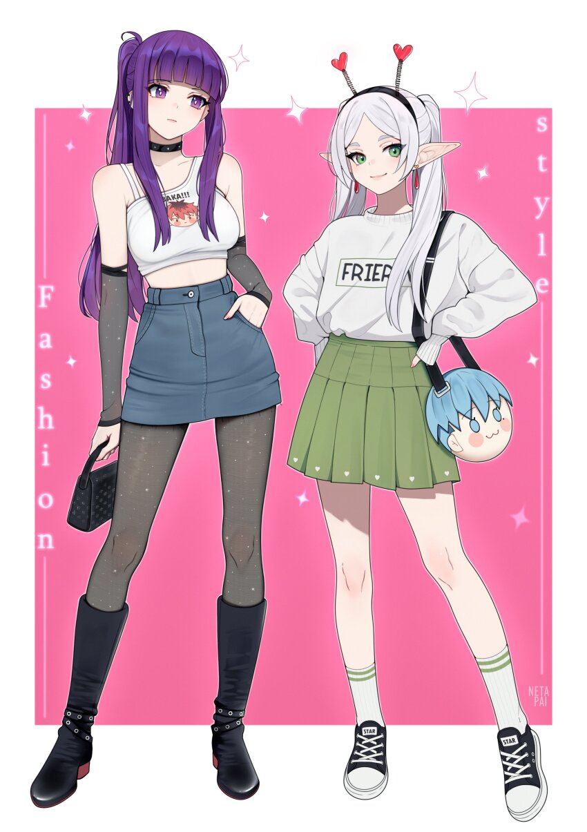 2girls absurdres alternate_costume bag boots breasts brown_pantyhose casual closed_mouth earrings fern_(sousou_no_frieren) frieren highres himmel_(sousou_no_frieren) knee_boots large_breasts long_hair long_sleeves looking_at_viewer multiple_girls netapai1 pantyhose pleated_skirt pointy_ears ponytail purple_eyes purple_hair shirt shoes shoulder_bag skirt smile sneakers sousou_no_frieren teardrop_earrings twintails