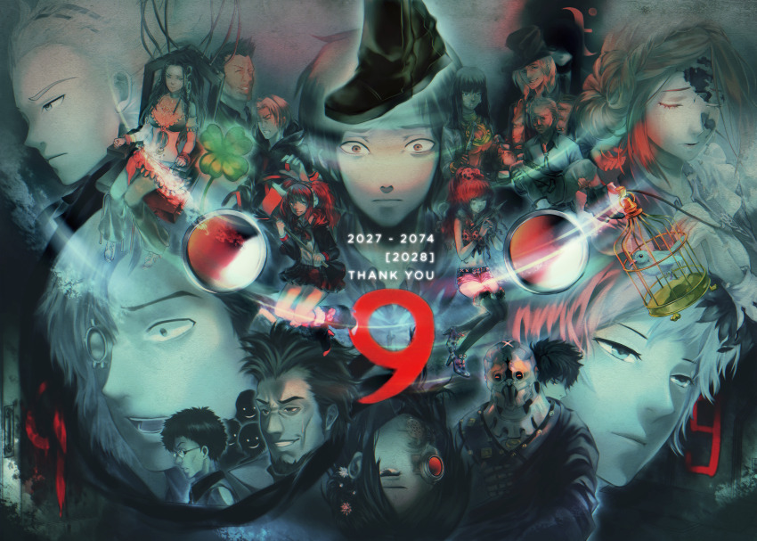 6+boys 6+girls aged_down alice_(kyokugen_dasshutsu) android armor axe bird birdcage blood bloody_knife bluebird cable cage carrying carrying_person chair closed_eyes closed_mouth clover collared_shirt commentary dio_(kyokugen_dasshutsu) dual_persona english_commentary english_text eyelashes facial_hair flower four-leaf_clover glasses grin hair_flower hair_ornament hat high_heels highres holding holding_axe holding_knife ichimiya_(kyokugen_dasshutsu) jacket jewelry junpei_(kyokugen_dasshutsu) k_(kyokugen_dasshutsu) knife kyokugen_dasshutsu kyokugen_dasshutsu:_9_jikan_9_nin_9_no_tobira kyokugen_dasshutsu_adv:_zennin_shibou_desu long_hair luna_(kyokugen_dasshutsu) mature_male midriff multiple_boys multiple_girls kurashiki_akane navel necklace niels_(kyokugen_dasshutsu) ninth_man_(kyokugen_dasshutsu) old old_man open_clothes open_jacket open_mouth own_hands_together phi_(kyokugen_dasshutsu) quark_(kyokugen_dasshutsu) robe ryan_(stepde14) santa_(kyokugen_dasshutsu) seven_(kyokugen_dasshutsu) shirt short_hair short_shorts shorts sigma_(kyokugen_dasshutsu) sitting skirt smile spoilers tenmyouji_(kyokugen_dasshutsu) top_hat twintails yashiro_(kyokugen_dasshutsu) yotsuba_(kyokugen_dasshutsu) zero_(kyokugen_dasshutsu)