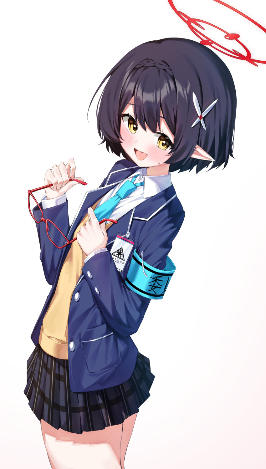 1girl absurdres aqua_necktie ayane_(blue_archive) black_hair black_skirt blue_archive blue_jacket blush cobe commentary glasses hair_ornament hairpin halo highres holding holding_removed_eyewear jacket looking_at_viewer necktie open_mouth pleated_skirt pointy_ears red-framed_eyewear red_halo shirt short_hair simple_background skirt smile standing sweatdrop unworn_eyewear white_background yellow_eyes yellow_shirt
