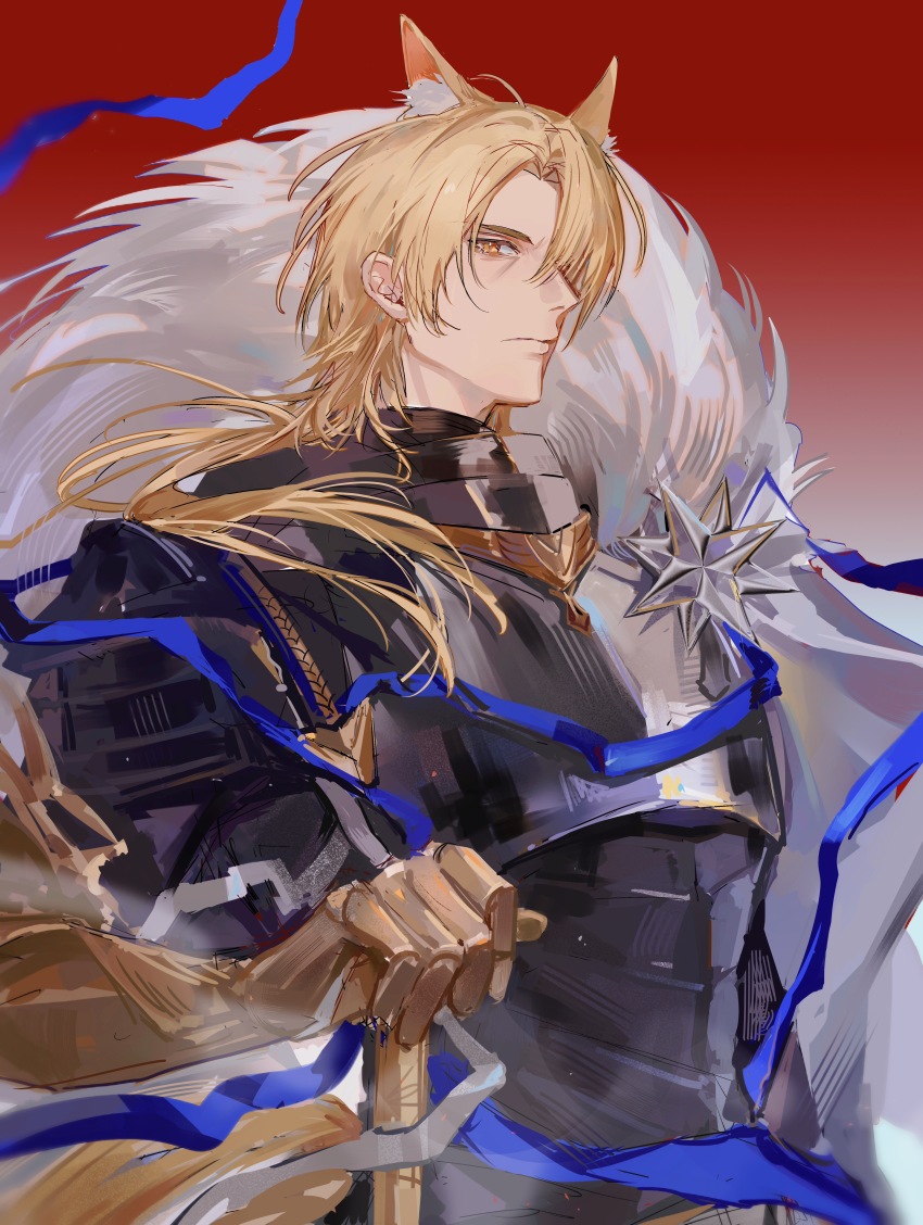 1boy absurdres animal_ear_fluff animal_ears arknights armor blonde_hair cape chinese_commentary commentary curtained_hair forehead gauntlets gold_armor gold_trim gradient_background hair_over_one_eye highres holding holding_weapon horse_boy horse_ears jeathur long_hair male_focus mlynar_(arknights) red_background side_cape solo upper_body weapon white_cape yellow_eyes