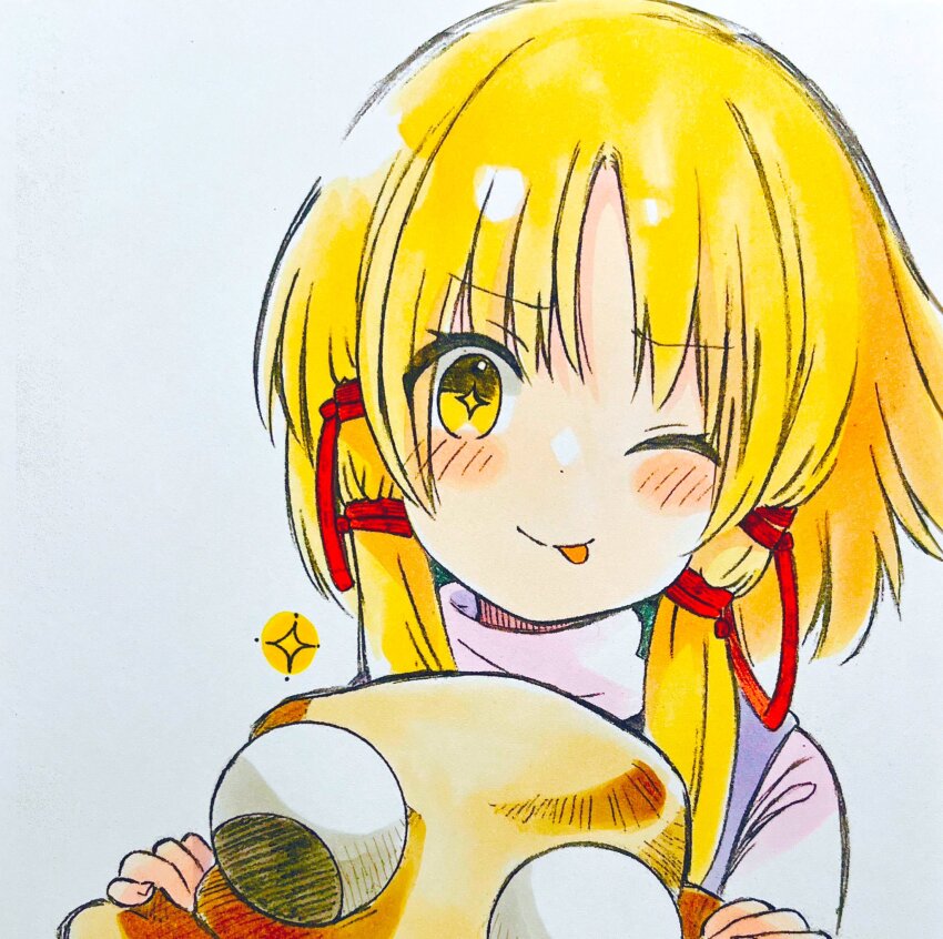 1girl blonde_hair blush brown_hat hair_ornament hair_ribbon hat highres holding holding_unworn_clothes holding_unworn_hat long_hair looking_at_viewer moriya_suwako mountain_of_faith one_eye_closed purple_vest ribbon shirt smile solo star-shaped_pupils star_(symbol) symbol-shaped_pupils touhou unworn_hat unworn_headwear vest white_background yellow_eyes yuzugoori