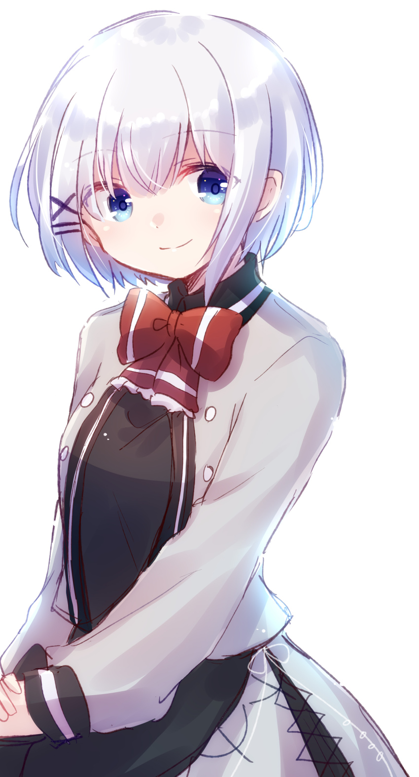 1girl absurdres blue_eyes bow bowtie closed_mouth commentary cowboy_shot grey_jacket highres jacket long_sleeves looking_at_viewer nyaa_(nnekoron) red_bow red_bowtie school_uniform short_hair siesta_(tantei_wa_mou_shindeiru) simple_background smile solo standing tantei_wa_mou_shindeiru white_background white_hair