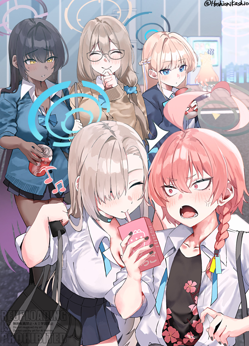 6+girls ^_^ absurdres ahoge akane_(blue_archive) akane_(school_uniform)_(blue_archive) anger_vein aqua_bow aqua_bowtie asuna_(blue_archive) asuna_(school_uniform)_(blue_archive) bag black_hair black_undershirt blonde_hair blue_archive blue_cardigan blue_skirt blush bow bowtie braid breasts brown_cardigan brown_hair can cardigan cleaning_&amp;_clearing_(blue_archive) cleavage closed_eyes collarbone dark-skinned_female dark_skin fang fingernails food_theft glasses gradient_hair gyaru hair_ornament hair_scrunchie half_up_braid halo highres holding holding_can holding_carton huge_ahoge karin_(blue_archive) karin_(school_uniform)_(blue_archive) kashio_(92984798) kogal loose_bowtie medium_breasts milk_carton miniskirt mole mole_on_breast mole_under_each_eye mole_under_eye multicolored_hair multiple_girls multiple_moles musical_note nail_polish neck_ribbon neru_(blue_archive) neru_(school_uniform)_(blue_archive) official_alternate_costume orange_hair outdoors pleated_skirt purple_hair ribbon school_bag school_uniform scrunchie seia_(blue_archive) shirt single_braid skirt smile straight_hair toki_(blue_archive) toki_(school_uniform)_(blue_archive) twitter_username undone_neck_ribbon watermark white_shirt
