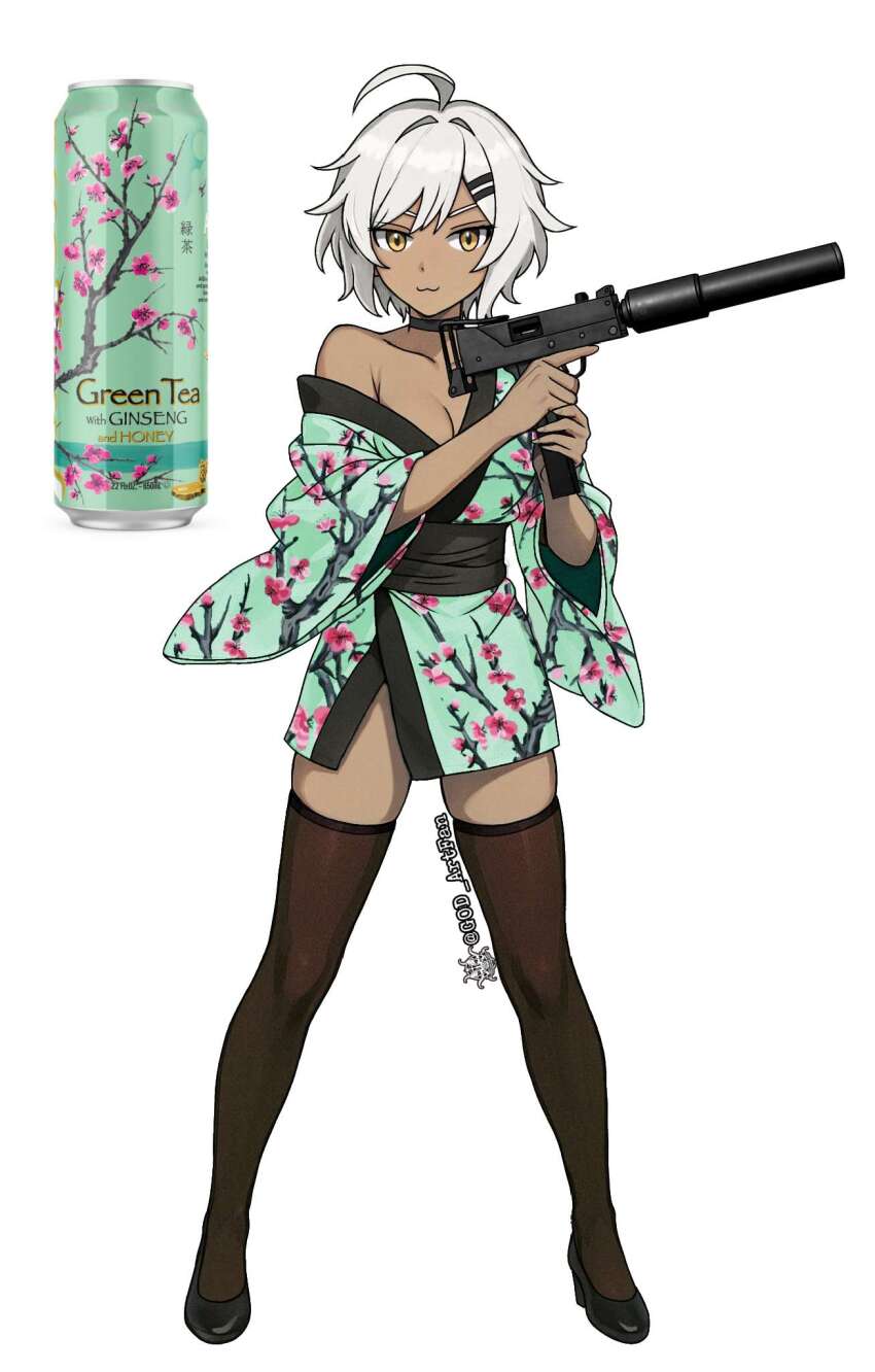 :3 ahoge arizona_(drink) artist_name black_choker black_shoes black_thighhighs breasts can choker cleavage dark_skin drink_can floral_print floral_print_kimono full_body god_artfan green_kimono grey_hair gun hair_ornament hairclip high_heels highres holding holding_gun holding_weapon japanese_clothes kimono looking_at_viewer mac-10/11 obi original print_kimono reference_inset sash shoes short_hair short_kimono short_sleeves simple_background single_bare_shoulder submachine_gun suppressor thighhighs weapon white_background yellow_eyes zettai_ryouiki