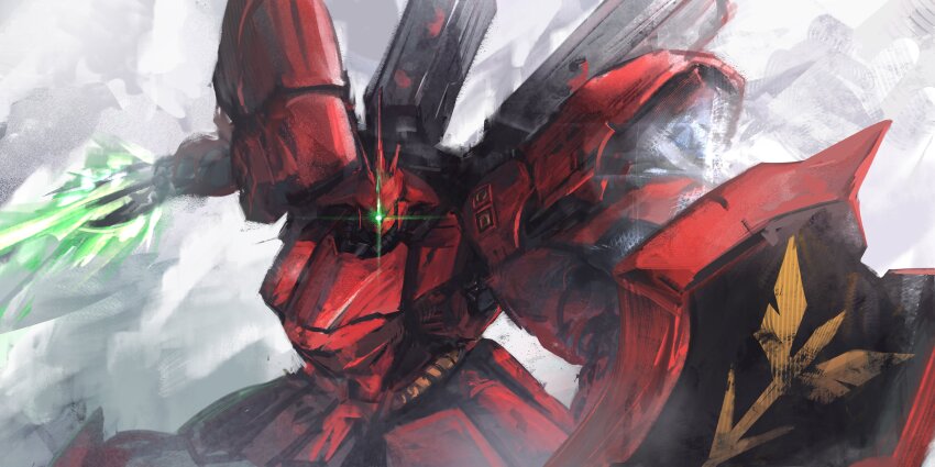 absurdres armor asymmetrical_dual_wielding char&#039;s_counterattack cowboy_shot dual_wielding energy_sword glowing glowing_eye green_eyes gundam highres holding holding_shield holding_sword holding_weapon hyde_(tabakko) mecha red_armor robot sazabi shield solo sword weapon