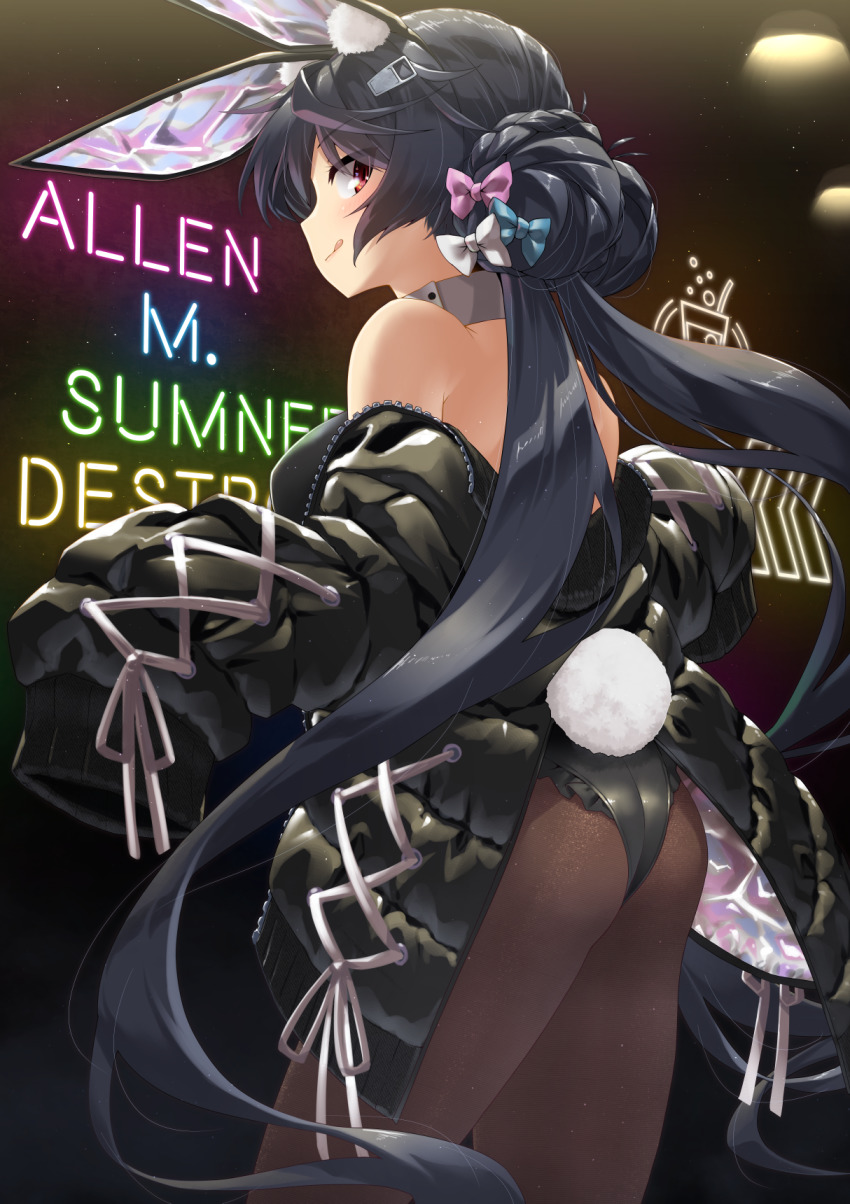 1girl allen_m._sumner_(azur_lane) allen_m._sumner_(charming_rabbit)_(azur_lane) animal_ears ass azur_lane black_hair black_jacket black_pantyhose character_name commentary_request double_bun fake_animal_ears from_behind hair_between_eyes hair_bun highres jacket leotard long_hair looking_at_viewer looking_back low_twintails mizunashi_(second_run) off_shoulder official_alternate_costume pantyhose playboy_bunny rabbit_ears rabbit_tail red_eyes sidelocks solo tail twintails