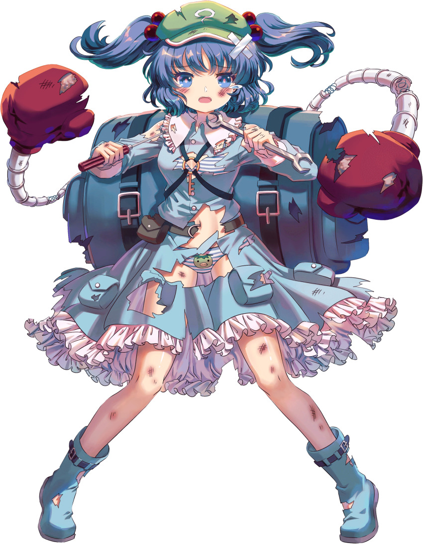 1girl absurdres backpack bag belt belt_boots blue_bag blue_boots blue_bra blue_hair blue_panties blue_shirt blue_skirt boots boxing_gloves bra breasts buttons collar crossed_bandaids damaged frilled_skirt frills full_body game_cg gloves green_hat grey_bag grey_belt hat highres holding holding_screwdriver holding_wrench injury kappa kappa_print kawashiro_nitori key kumio long_sleeves mechanical_arms medium_breasts navel non-web_source open_mouth panties pocket red_gloves rubber_boots screwdriver shirt short_twintails skirt solo striped_bra striped_clothes striped_panties tachi-e teardrop torn_bag torn_belt torn_boots torn_clothes torn_footwear torn_gloves torn_hat torn_shirt torn_skirt touhou touhou_blooming_chaos twintails two_side_up underwear white_bra white_collar white_panties wrench