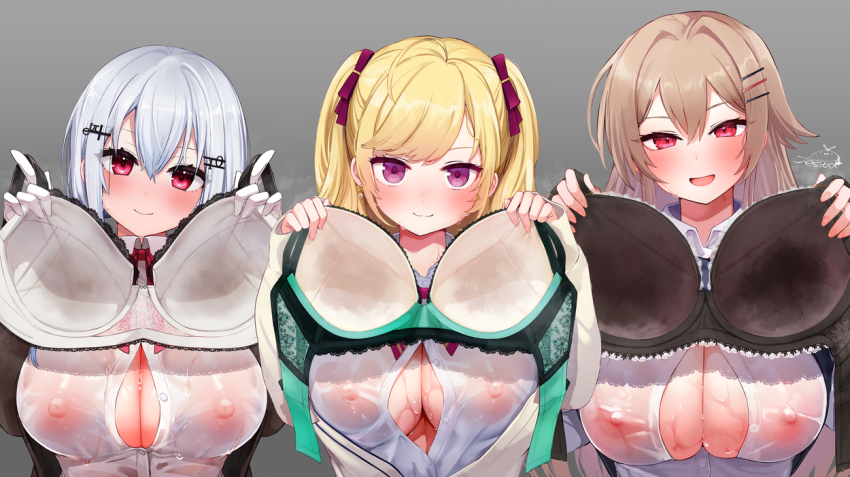3girls ahoge artist_logo black_bra blonde_hair blue_sweater_vest bow bowtie bra breasts brown_cardigan brown_hair cardigan cleavage closed_mouth clothes_lift collared_shirt commentary_request dot_nose double-parted_bangs dress_shirt festa11307070 fingernails furen_e_lustario gloves gradient_background green_bra grey_background grey_hair hair_between_eyes hair_intakes hair_ornament hair_ribbon hairclip hakase_fuyuki hands_up holding holding_unworn_clothes index_fingers_raised large_breasts logo long_bangs long_hair messy_hair multiple_girls neck_ribbon nijisanji nipples no_bra open_cardigan open_clothes open_mouth partially_unbuttoned presenting_bra purple_eyes red_bow red_bowtie red_eyes red_ribbon ribbon see-through_clothes see-through_shirt shirt sleeves_past_wrists smile stained_bra steam steaming_clothes sweat sweat_stain sweater_vest sweater_vest_lift takamiya_rion trinity_(nijisanji) two_side_up underwear unworn_bra upper_body variant_set very_sweaty virtual_youtuber wet wet_clothes wet_shirt white_gloves white_shirt wing_collar