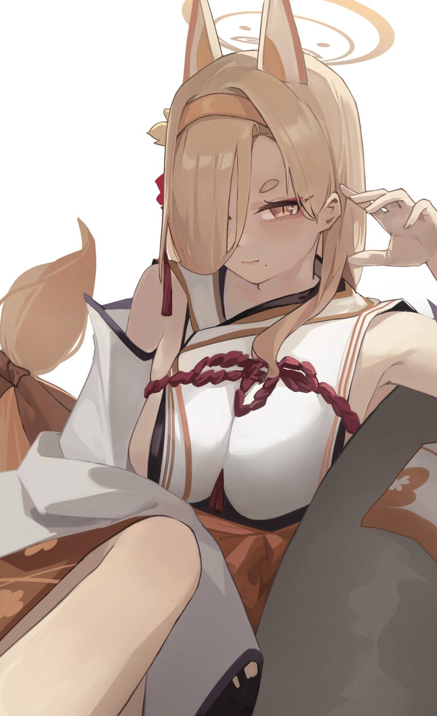 1girl absurdres animal_ears bare_shoulders blue_archive breasts extra_ears eyeshadow fox_ears fox_girl hair_over_one_eye hairband hakama halo highres japanese_clothes jun_daniell kaho_(blue_archive) kimono large_breasts long_hair looking_at_viewer makeup mole mole_under_mouth orange_hairband pink_eyeshadow short_eyebrows sideboob sideless_kimono simple_background sitting sleeveless sleeveless_kimono solo thick_eyebrows white_background white_hakama white_kimono yellow_hairband yellow_halo