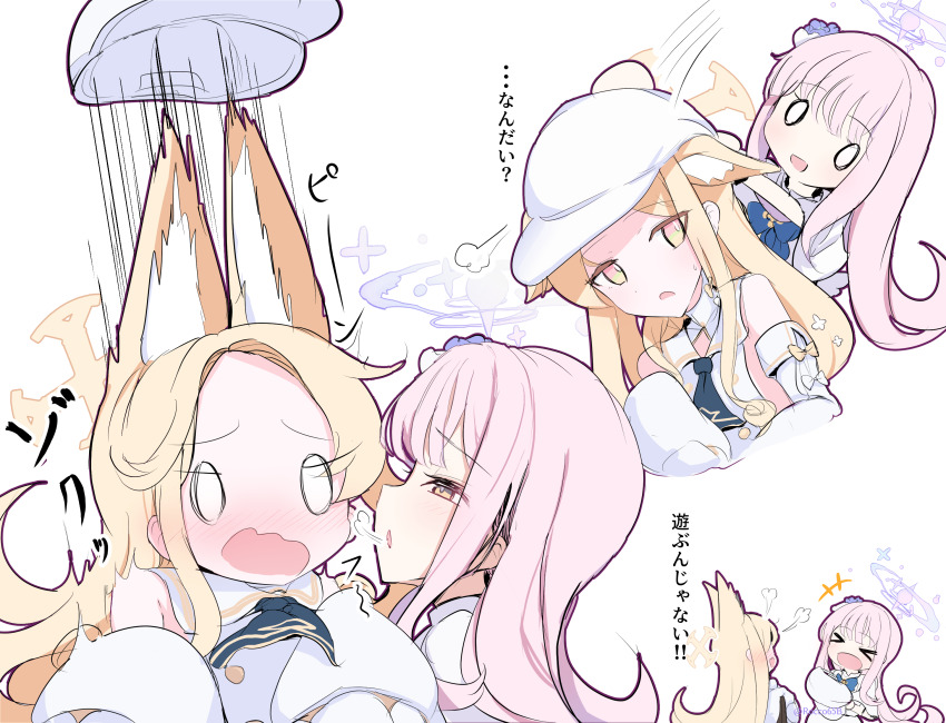 &gt;_&lt; 0_0 :d animal_ear_fluff animal_ears bare_shoulders blonde_hair blue_archive blue_necktie blue_ribbon breath detached_sleeves dress embarrassed forehead fox_ears hair_between_eyes hat highres mika_(blue_archive) necktie open_mouth pink_hair ribbon sakurano_rocco seia_(blue_archive) smile surprised white_dress white_hat yellow_eyes