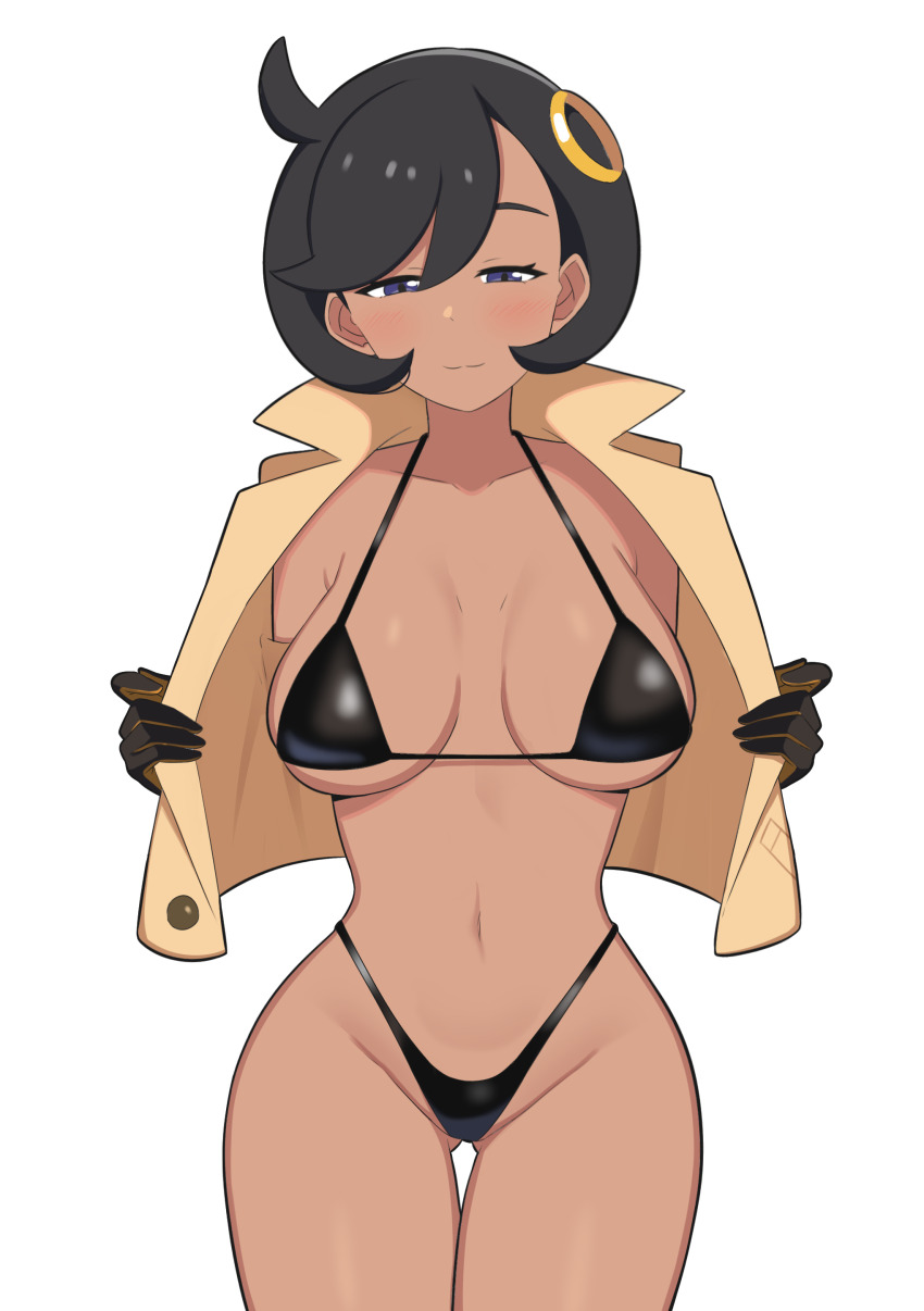 1girl :3 absurdres bikini black_bikini black_gloves black_hair blush breasts closed_mouth covered_navel cowboy_shot emma_(pokemon) gloves gluteal_fold hair_ornament half-closed_eyes highleg highleg_bikini highres jacket large_breasts looking_at_viewer navel nintendo open_clothes open_jacket pokemon pokemon_legends:_z-a purple_eyes short_hair side_ahoge simple_background smile solo standing swept_bangs swimsuit thigh_gap white_background yellow_jacket yuuta_(yuuta0361)