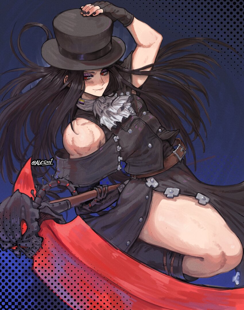 1other absurdres androgynous ascot asymmetrical_gloves bare_shoulders black_hair black_nails boots choker eyeshadow fingerless_gloves gabriel_ales gloves guilty_gear guilty_gear_strive hand_on_own_hat hat highres holding long_hair makeup muscular non-binary_flag purple_eyeshadow red_eyes scythe skull smile testament_(guilty_gear) thick_thighs thighs top_hat