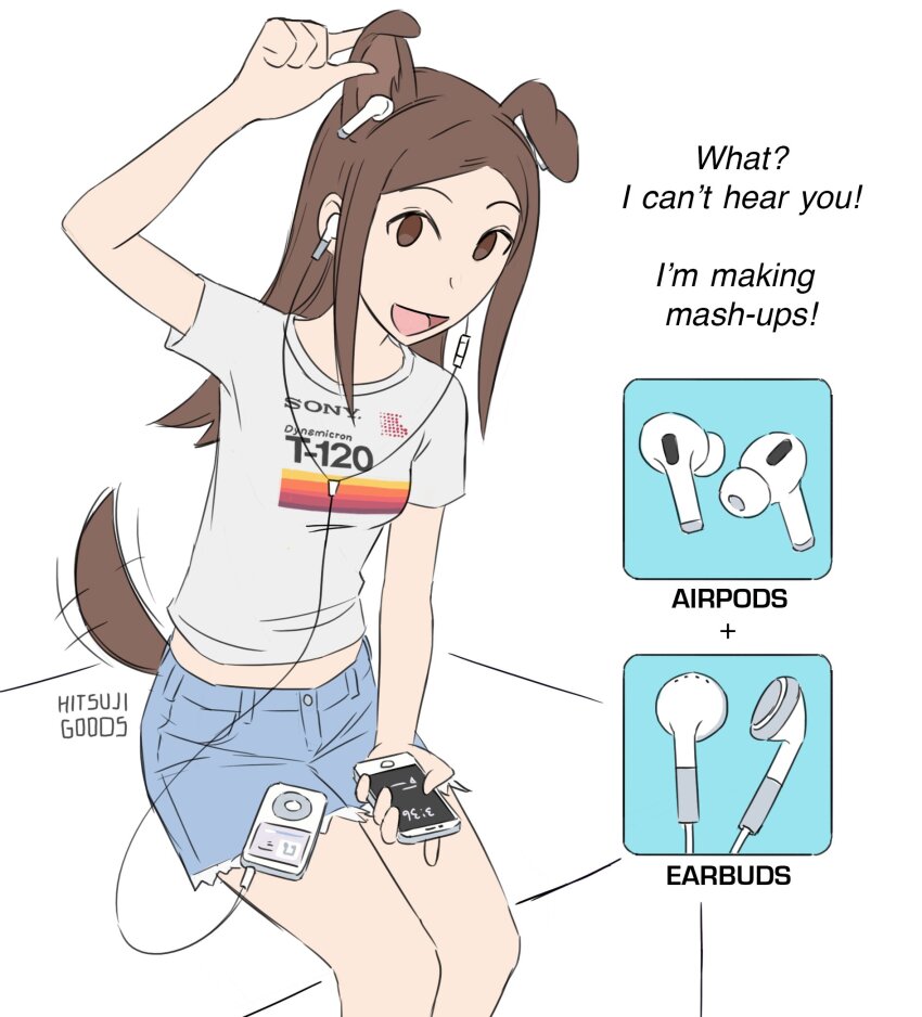 1girl airpods animal_ears apple_inc. arm_up brown_eyes brown_hair buttons cable cellphone clothes_writing clothing_cutout commentary cutoff_jeans cutoffs denim denim_shorts digital_media_player dog_ears dog_girl dog_tail earbuds earphones english_commentary english_text extra_ears eyebrows female_focus hand_on_own_ear highres hitsuji_(hitsujigoods) holding holding_phone inset iphone ipod legs logo looking_at_viewer matching_hair/eyes medium_hair motion_lines no_sclera open_mouth original phone pocket print_shirt product_placement shirt short_sleeves shorts sidelocks simple_background sitting smartphone smile solo sony straight_hair t-shirt tail tail_through_clothes tail_wagging tareme vivi_(hitsujigoods) watermark white_background white_shirt wireless_earphones