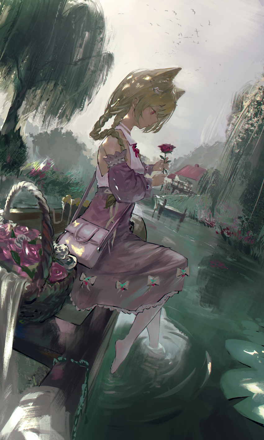 1girl absurdres animal_ears arknights bare_shoulders blonde_hair boat cat_ears chinese_commentary closed_mouth commentary_request detached_sleeves flower flower_basket frilled_skirt frills from_side full_body highres holding holding_flower house lemtun lily_pad long_hair nightmare_(arknights) nightmare_(the_ferry_girl)_(arknights) no_shoes official_alternate_costume outdoors pantyhose pier pink_bag pink_flower pink_rose pink_skirt profile red_eyes ripples rose shirt sitting skirt soaking_feet solo tree water watercraft white_flower white_pantyhose white_rose white_shirt