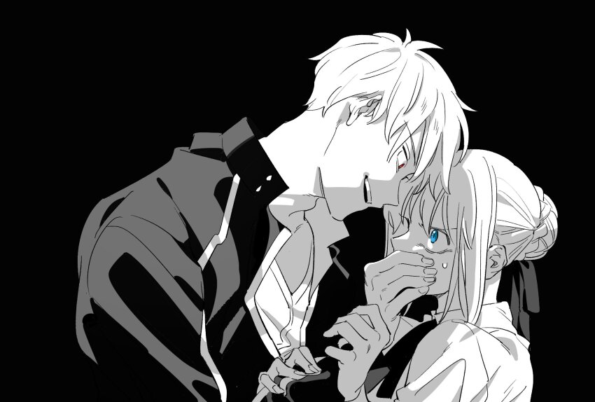 1boy 1girl artoria_pendragon_(fate) blue_eyes bun_with_braided_base commentary_request covering_another&#039;s_mouth duck11_rp fate/stay_night fate_(series) gilgamesh_(fate) gilgamesh_(immoral_biker_jacket)_(fate) greyscale hair_bun hair_ribbon highres jacket monochrome red_eyes ribbon saber_(fate) single_hair_bun smile spot_color sweatdrop