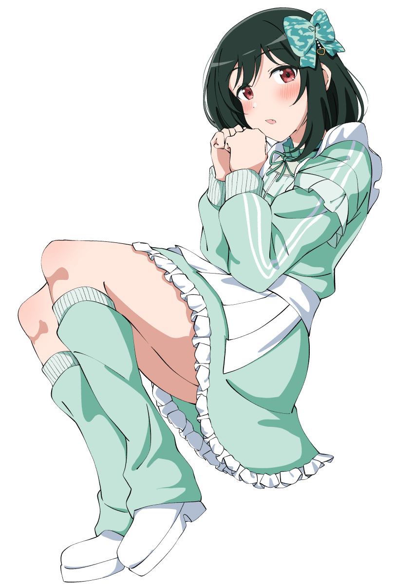 1girl absurdres apron aqua_bow blush bow commentary dress fang frilled_dress frills full_body green_dress green_leg_warmers green_ribbon hair_bow highres jersey_maid leg_warmers long_sleeves looking_at_viewer love_live! love_live!_nijigasaki_high_school_idol_club maid mifune_shioriko neck_ribbon official_alternate_costume open_mouth pleated_apron red_eyes ribbon shoes short_dress simple_background solo uchuu_no_mozuku unconventional_maid waist_apron white_apron white_background white_shoes