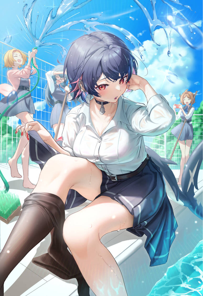 4girls breasts choker collared_shirt colored_inner_hair commentary_request ellen_joe ellen_joe_(on_campus) fins fish_tail highres kinoyama_(0202) lynn_(zenless_zone_zero) mole mole_under_eye monna_(zenless_zone_zero) multicolored_hair multiple_girls official_alternate_costume pantyhose pantyhose_around_one_leg red_nails ruby_(zenless_zone_zero) scar scar_on_tail shark_girl shark_tail shirt skirt tail white_shirt zenless_zone_zero
