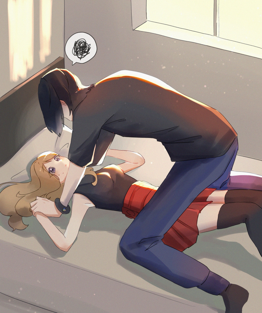 1boy 1girl all_fours black_hair black_shirt black_thighhighs breasts brown_hair calem_(pokemon) grey_eyes hetero highres holding_hands indoors looking_at_another nintendo osenbei_0ishi pinned pokemon pokemon_xy serena_(pokemon) shirt spoken_squiggle squiggle thighhighs window yukadon