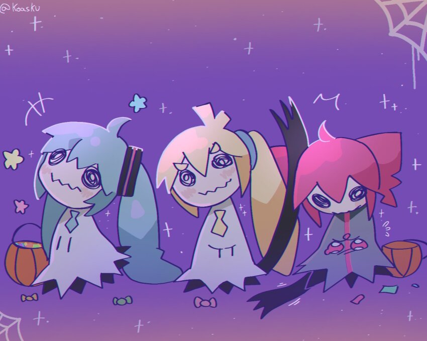 ahoge akita_neru aqua_hair aqua_necktie candy cosplay drill_hair food gen_7_pokemon halloween_bucket hatsune_miku highres kasane_teto koasku mimikyu mimikyu_(cosplay) necktie nintendo outdoors pokemon pumpkin red_hair twin_drills twintails vocaloid yellow_necktie