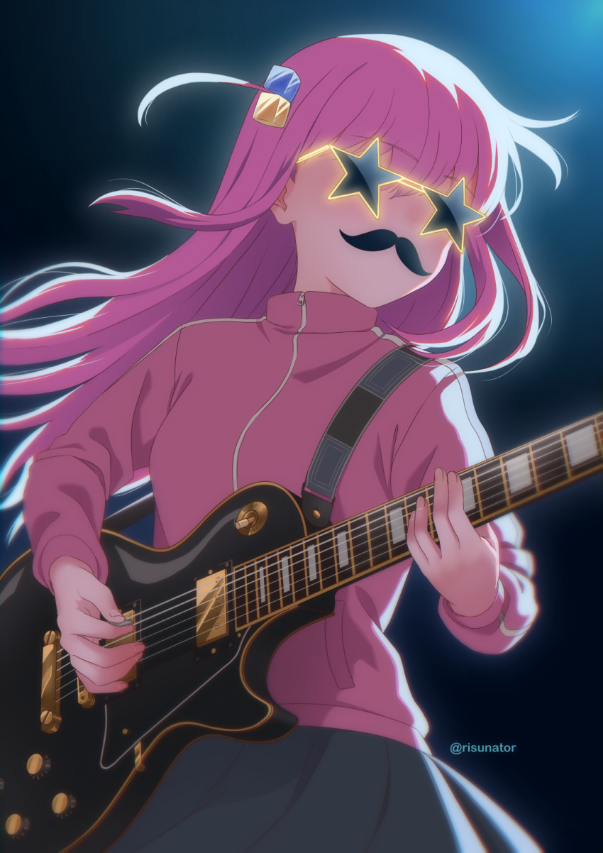 1girl bocchi_the_rock! closed_mouth cowgirl_position cube_hair_ornament fake_facial_hair fake_mustache glasses gotoh_hitori grey_skirt guitar hair_ornament highres instrument jacket long_hair long_sleeves music one_side_up pink_hair pink_jacket playing_instrument pleated_skirt risu_kurosaki skirt solo star-shaped_eyewear star_(symbol) straddling sunglasses twitter_username