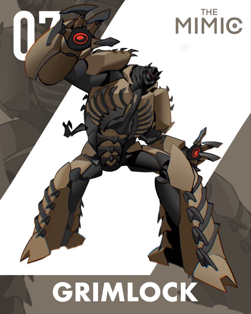 character_name claw_pose commentary english_commentary extra_arms grimlock highres kamitoge_supino looking_down mecha mecha_focus no_humans open_mouth red_eyes redesign robot sharp_teeth solo teeth transformers zoom_layer