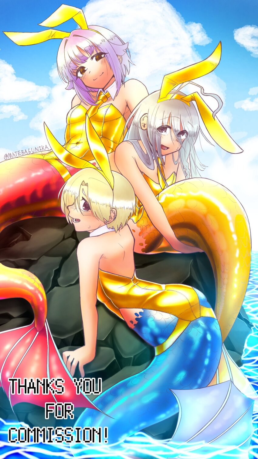 3girls ahoge animal_ear_hairband animal_ears ass back bags_under_eyes bare_shoulders blonde_hair blue_tail blush braid breasts brown_eyes cloud cloudy_sky commentary commission covered_navel detached_collar ear_piercing earrings fake_animal_ears fins gold_tail grey_eyes grey_hair hair_flaps hair_intakes hair_over_one_eye hairband headband highres holding_own_tail hoshi_syoko huge_ahoge idolmaster idolmaster_cinderella_girls idolmaster_cinderella_girls_starlight_stage jewelry kawaii_boku_to_142&#039;s_(idolmaster) koshimizu_sachiko long_hair looking_at_viewer looking_back lying mateba6unika mermaid monster_girl multiple_girls necktie nontraditional_playboy_bunny on_stomach open_mouth partially_submerged piercing pink_tail purple_hair rabbit_ear_hairband rabbit_ears scales shirasaka_koume short_hair side_braid signature single_braid sitting skeb_commission sky small_breasts smile sweat tail twitter_username watermark yellow_necktie