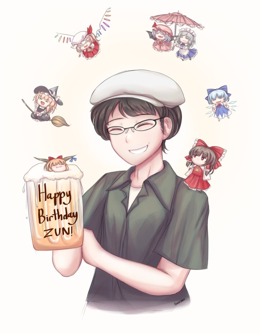 1boy 6+girls :3 ascot beer_mug beret black_hair black_headwear black_shirt blue_bow bow cirno closed_eyes collared_shirt commentary cup english_commentary english_text flandre_scarlet glasses hair_bow hakurei_reimu happy_birthday hat highres holding holding_cup holding_umbrella horns ibuki_suika izayoi_sakuya kirisame_marisa maid_headdress mug multiple_girls pink_headwear pink_umbrella red_bow red_eyes remilia_scarlet shirt short_hair simple_background smile solo_focus there2007 touhou umbrella upper_body white_background white_headwear yellow_ascot zun