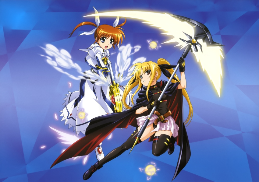 10s 2girls absurdres arm_belt bardiche_(nanoha) bardiche_(scythe_form)_(nanoha) belt black_legwear black_ribbon blonde_hair blue_eyes brown_hair cape electricity energy_ball fate_testarossa fate_testarossa_(movie_1st_form) fingerless_gloves full_body gloves highres holding holding_weapon lyrical_nanoha magical_girl mahou_shoujo_lyrical_nanoha mahou_shoujo_lyrical_nanoha_the_movie_1st multiple_girls pleated_skirt purple_eyes raising_heart raising_heart_(device_mode)_(1st) red_eyes red_hair ribbon shoes skirt smoke smoke_trail takamachi_nanoha takamachi_nanoha_(movie_1st_mode) thighhighs twintails weapon white_ribbon white_skirt winged_footwear wings