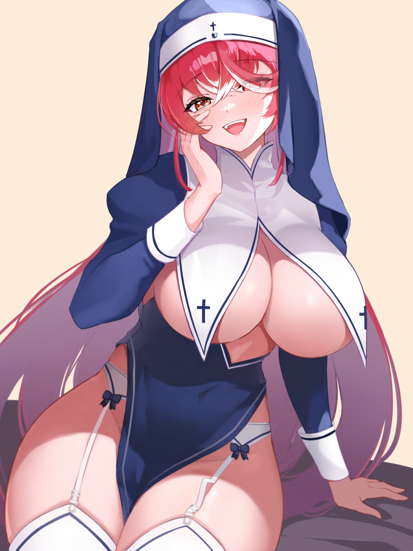 1girl absurdres breasts habit heterochromia highres hololive houshou_marine houshou_marine_(nun) large_breasts long_hair looking_at_viewer no_bra nun open_mouth red_eyes red_hair smile solo thick_thighs thighs virtual_youtuber yellow_eyes yuruto