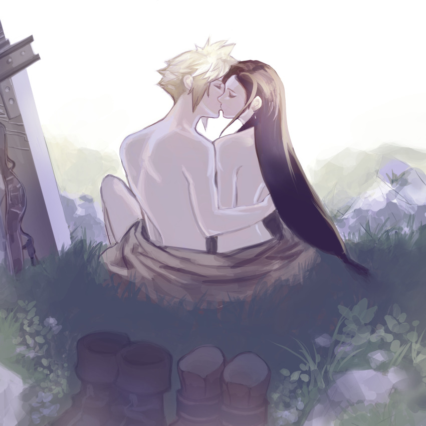 1boy 1girl back black_hair blonde_hair boots buster_sword closed_eyes cloud_strife commentary_request couple earrings facing_another facing_to_the_side final_fantasy final_fantasy_vii from_behind grass hand_on_another&#039;s_back highres jewelry kiss long_hair low-tied_long_hair nude outdoors planted planted_sword planted_weapon rock shared_blanket shoes short_hair single_earring sitting spiked_hair sword tifa_lockhart tori_(labyrinth_fft) unworn_boots unworn_shoes weapon