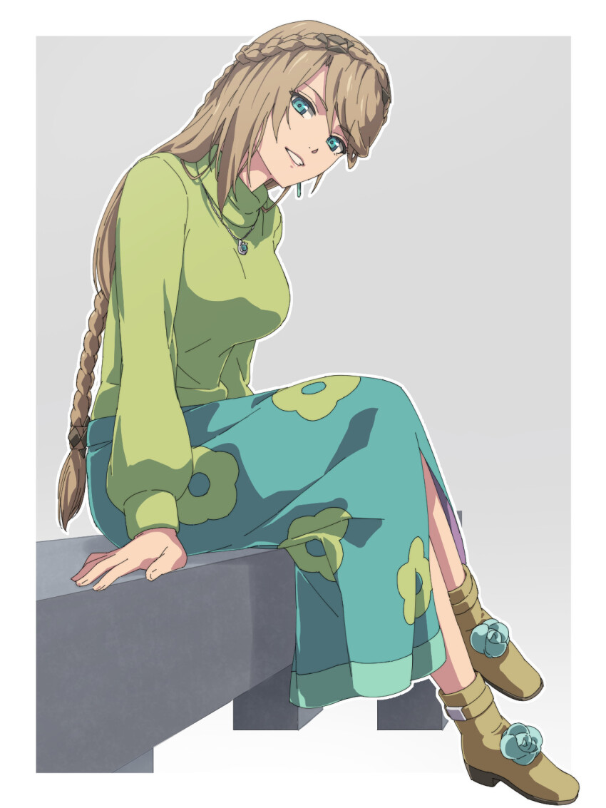 1girl bench blue_eyes border braid breasts brown_hair chiharu_(9654784) crown_braid earrings eiyuu_densetsu elaine_auclair flower footwear_flower green_eyes grey_background hair_between_eyes head_tilt highres jewelry kai_no_kiseki kuro_no_kiseki_(series) large_breasts long_hair looking_at_viewer parted_bangs pendant shoes simple_background sitting smile solo sweater swept_bangs two-tone_background white_border