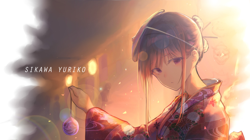 1girl absurdres backlighting black_hair character_name closed_mouth expressionless female_focus floral_print folded_ponytail highres holding japanese_clothes kayakooooo kimono long_hair long_sleeves looking_at_viewer mask mask_on_head oni_mask original print_kimono purple_eyes sidelocks solo upper_body wide_sleeves yukata
