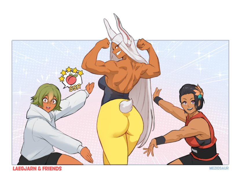 3girls alternate_costume animal_ears artist_name ass ass_focus azucena_milagros_ortiz_castillo back backless_shirt bare_shoulders black_sash black_shirt black_shorts black_undershirt black_wrist_cuffs blonde_hair blush boku_no_hero_academia breasts character_name clenched_hands clothing_cutout commentary crossover dark-skinned_female dark_skin english_commentary english_text female_focus fire_emblem fire_emblem_heroes flexing food fruit green_hair grin hair_between_eyes hair_ornament hood hoodie laegjarn_(fire_emblem) large_breasts long_eyelashes long_hair looking_at_viewer medium_breasts meziosaur mirko multicolored_hair multiple_girls nintendo open_mouth outstretched_arms pants parted_bangs peach presenting_another rabbit_ears rabbit_girl rabbit_tail red_eyes red_shirt sash shirt short_hair shorts sleeveless sleeveless_shirt smile speech_bubble spoken_object spread_arms tail tail_through_clothes teeth tekken tekken_8 thighs tight_clothes tight_pants toned toned_female trait_connection upper_teeth_only very_long_hair white_hair white_hoodie wrist_cuffs yellow_pants