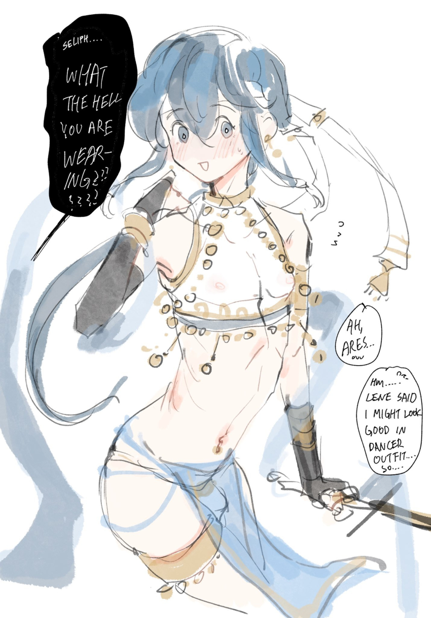 1boy :d alternate_costume arabian_clothes arched_back ares_(fire_emblem) armpit_peek black_gloves blue_eyes blue_hair blush bracelet bulge byefrog chain covered_erect_nipples cowboy_shot crop_top crossdressing crossdressing_(mtf) dancer earrings elbow_gloves embarrassed english_text fire_emblem fire_emblem:_genealogy_of_the_holy_war flying_sweatdrops gloves gold_bracelet gold_chain gold_earrings gold_thighlet gold_trim hair_between_eyes hand_up headband highres holding holding_sword holding_weapon jewelry lene_(fire_emblem) long_hair looking_at_viewer low_ponytail male_focus navel navel_piercing nintendo open_mouth panties pectorals pelvic_curtain piercing ponytail raised_eyebrows see-through_clothes see-through_pelvic_curtain see-through_shirt seliph_(fire_emblem) shirt sidelocks sketch sleeveless sleeveless_shirt smile solo speech_bubble spoken_sweatdrop stomach surprised sweatdrop sword trap underwear weapon white_headband white_panties