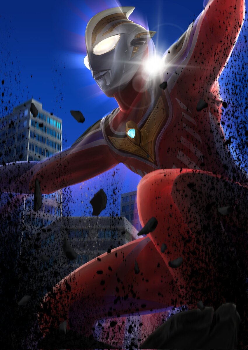 1boy alien armor arms_up aura blue_skin breastplate building city cityscape color_timer colored_skin commentary compound_eyes debris dorsal_fin dust_cloud feet_out_of_frame gattyo giant glowing glowing_eyes highres lens_flare looking_ahead male_focus multicolored_skin muscular muscular_male night outdoors outstretched_arms pectorals red_aura red_skin rubble shoulder_armor silver_trim sky skyscraper solo spread_arms squatting tokusatsu ultra_series ultraman_gaia ultraman_gaia_(series) ultraman_gaia_(super_supreme_version) white_eyes wrinkled_skin