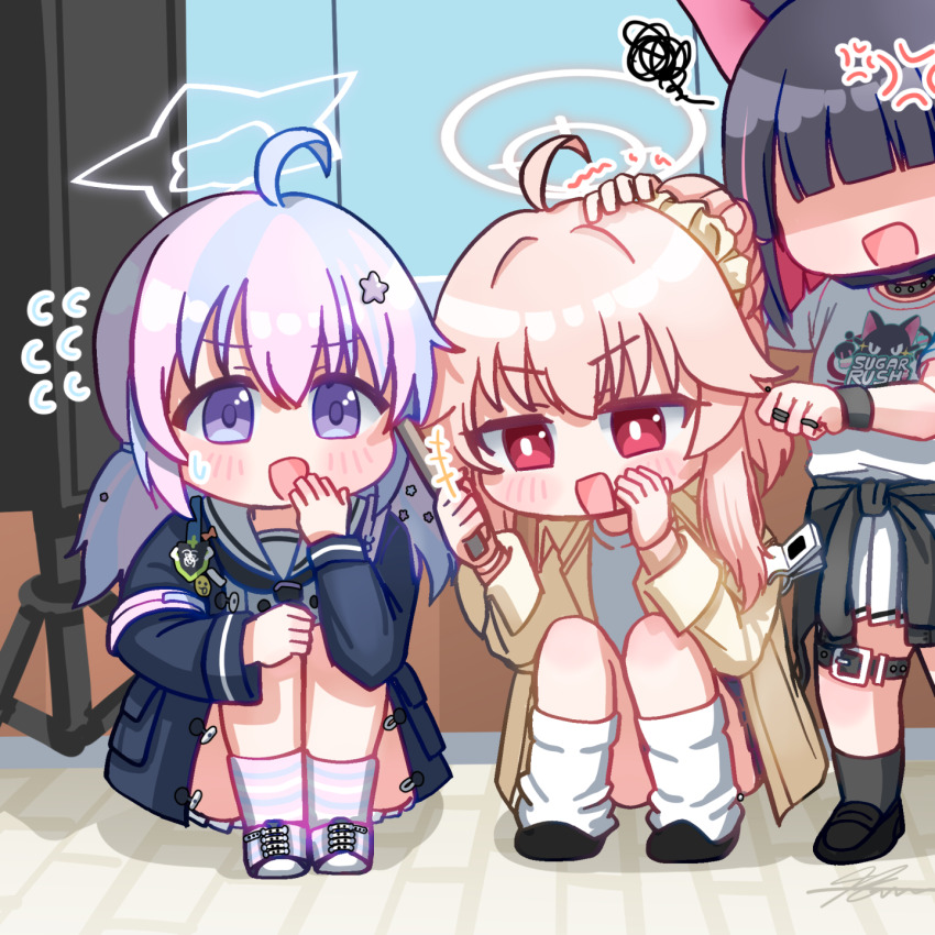 3girls animal_ears black_choker black_hair black_neckerchief blue_archive bright_pupils cat_choker cat_ears choker colored_inner_hair deformed flying_sweatdrops hair_ornament halo highres jewelry kazusa_(blue_archive) multicolored_hair multiple_girls natsu_(band)_(blue_archive) natsu_(blue_archive) neckerchief open_mouth pink_hair purple_eyes red_eyes reisa_(blue_archive) ring socks solharuu star_(symbol) star_hair_ornament star_halo striped_clothes striped_socks two-tone_hair