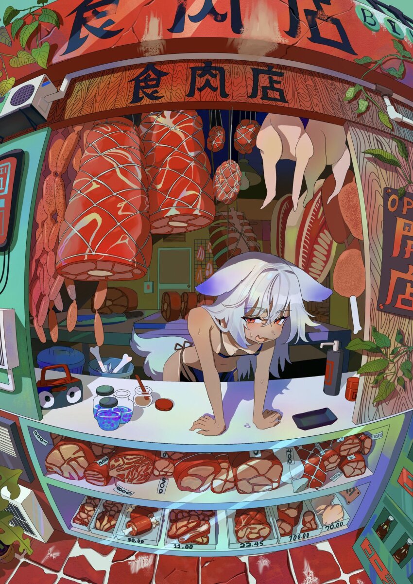 1girl animal_ears apron bikini bikini_top_only bone boned_meat bottle breasts chicken_(food) commentary dog_ears dog_girl english_commentary fang fisheye food ham highres linked_sausages looking_at_viewer meat original plant potted_plant price_tag raw_meat red_eyes skin_fang small_breasts solo speaker steak sweat swimsuit tan tanline taressaa_(resapn) tile_floor tiles trash_can waist_apron white_hair