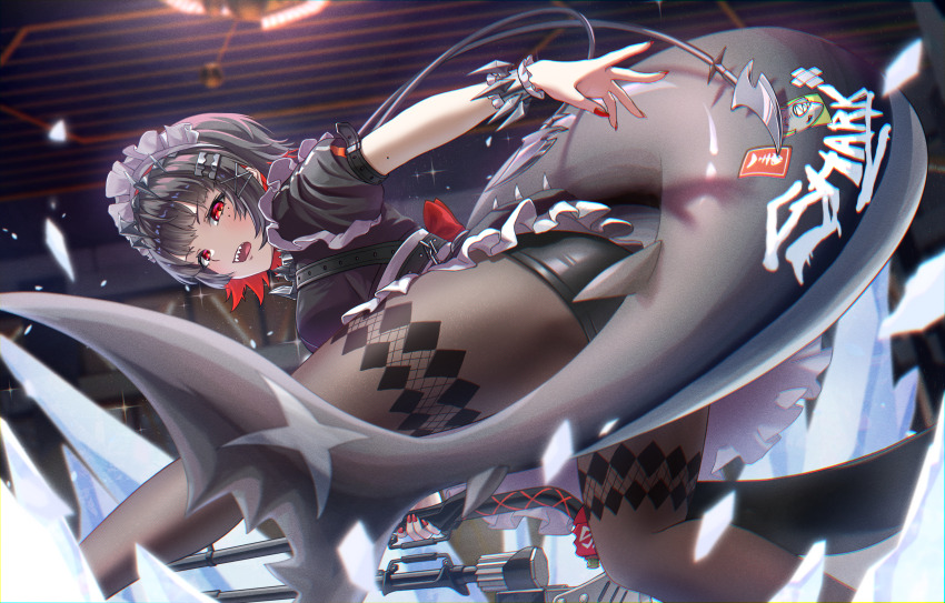 1girl absurdres black_dress black_hair black_pantyhose colored_inner_hair dress ellen_joe feet_out_of_frame fins fish_tail frilled_wristband heonu highres holding holding_weapon ice indoors leaning_forward legs_apart looking_at_viewer maid_headdress metal_hairband mole mole_on_arm mole_under_eye multicolored_hair open_mouth pantyhose puffy_short_sleeves puffy_sleeves red_eyes red_hair red_nails scar scar_on_tail shark_girl shark_tail sharp_teeth short_dress short_hair short_sleeves solo spiked_headband tail teeth weapon zenless_zone_zero