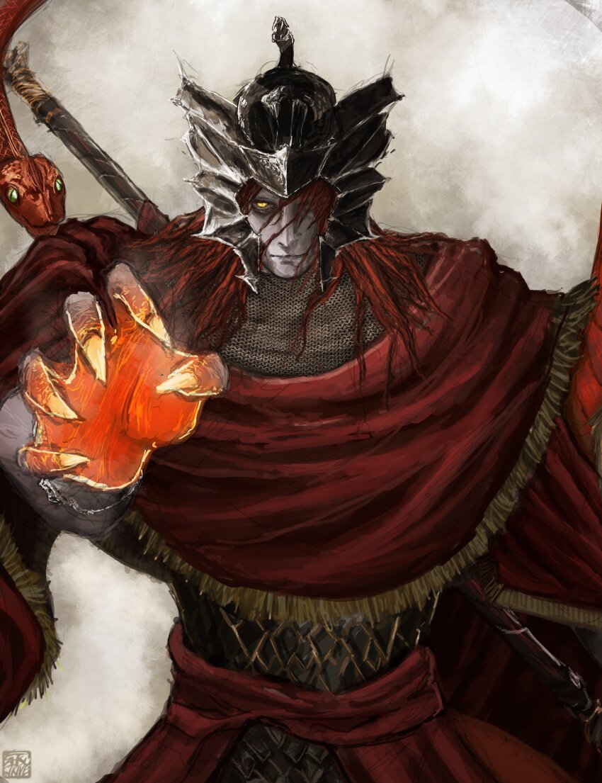 1boy absurdres armor black_snake burning chainmail commentary elden_ring english_commentary helmet highres long_hair looking_at_viewer messmer_the_impaler ornate ornate_armor reaching reaching_towards_viewer red_hair red_snake satsu-strive slit_pupils snake snake_on_shoulder solo winged_helmet yellow_eyes