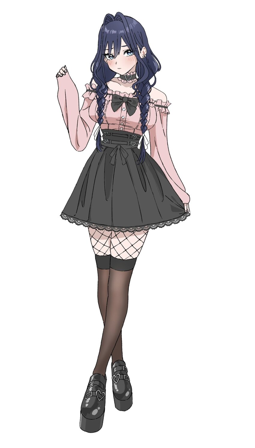 1girl black_bow black_choker black_hair black_shirt black_skirt black_thighhighs blue_eyes bow braid choker closed_mouth dunchy earrings frilled_choker frills full_body hair_intakes hand_up heart heart_choker highres hololive hololive_english jewelry lace lace-trimmed_skirt lace_trim light_blush looking_at_viewer low_twin_braids ouro_kronii pink_shirt shirt simple_background skirt solo standing thighhighs twin_braids virtual_youtuber white_background
