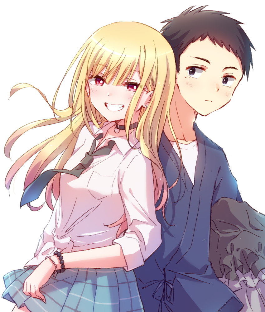 1boy 1girl absurdres bead_bracelet beads black_choker black_eyes black_hair black_necktie blonde_hair blue_kimono blue_skirt bracelet breast_pocket choker closed_mouth collared_shirt commentary dress gojou_wakana grin gyaru highres holding holding_unworn_clothes holding_unworn_dress japanese_clothes jewelry kimono kitagawa_marin long_hair looking_at_viewer mole mole_under_eye multiple_bracelets necktie nyaa_(nnekoron) pink_eyes plaid_clothes plaid_skirt pleated_skirt pocket school_uniform shirt short_hair simple_background skirt smile sono_bisque_doll_wa_koi_wo_suru tied_shirt unworn_dress white_background white_shirt