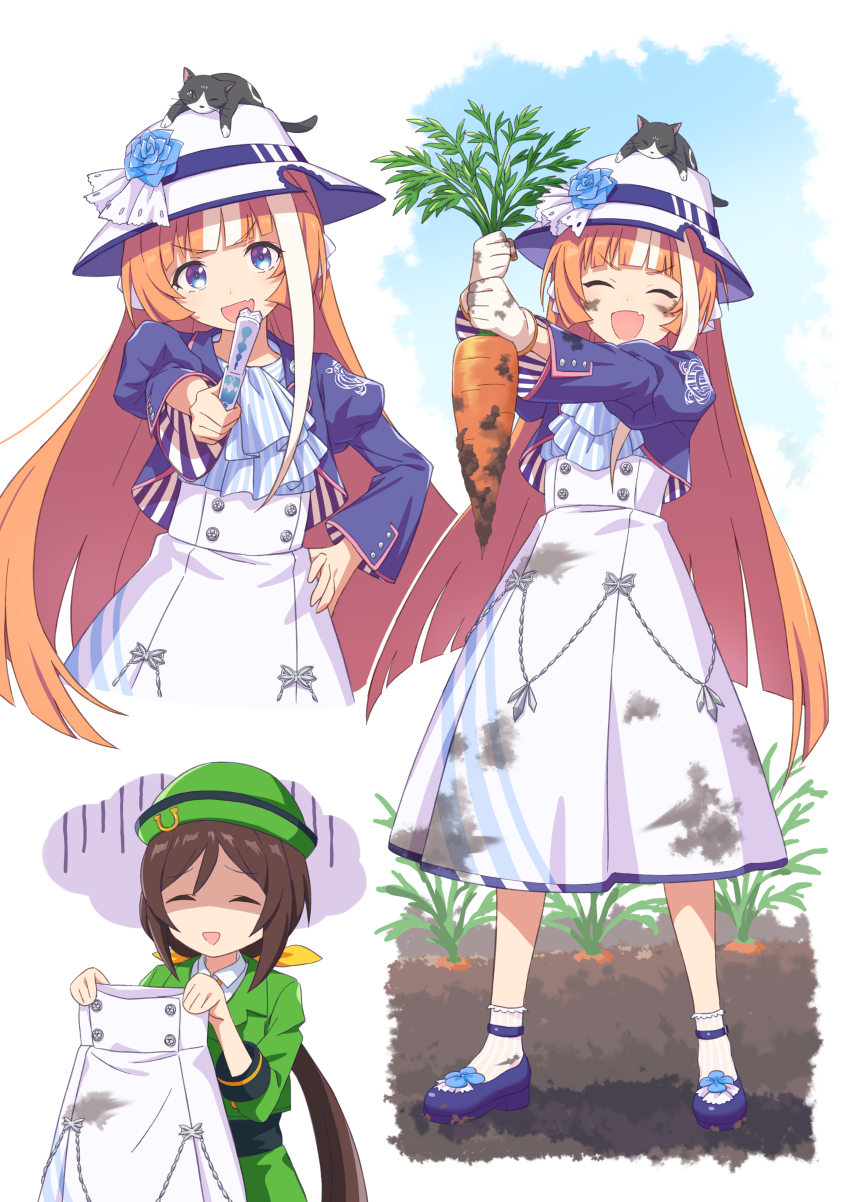 2girls absurdres akikawa_yayoi_(umamusume) animal animal_on_head ascot blue_eyes blue_footwear blue_shirt bobby_socks brown_hair bucket_hat carrot cat cat_on_head closed_eyes dirty dirty_clothes dirty_face field folding_fan food gloom_(expression) gloves green_hat green_jacket hand_fan hat hayakawa_tazuna high-waist_skirt highres holding holding_fan holding_food holding_unworn_clothes jacket laika_(sputnik2nd) looking_at_viewer multicolored_hair multiple_girls multiple_views on_head open_mouth orange_hair purple_jacket shaded_face shirt shoes skirt smile socks standing streaked_hair umamusume v-shaped_eyebrows white_gloves white_hat white_skirt white_socks